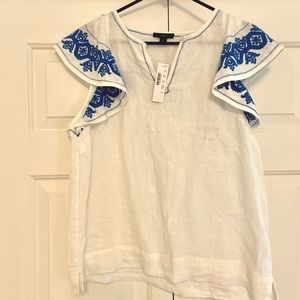 J. Crew Linen Embroidered Ruffle Sleeve Top